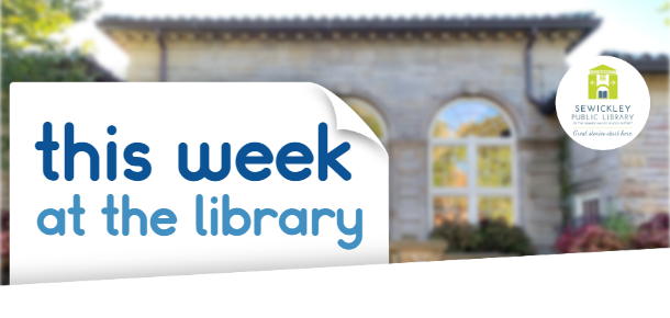 Outside Patio of Library with an image of paper with the words this week at the library