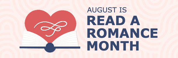 August is Read a Romance Month Pink Banner with Book Heart Graphic