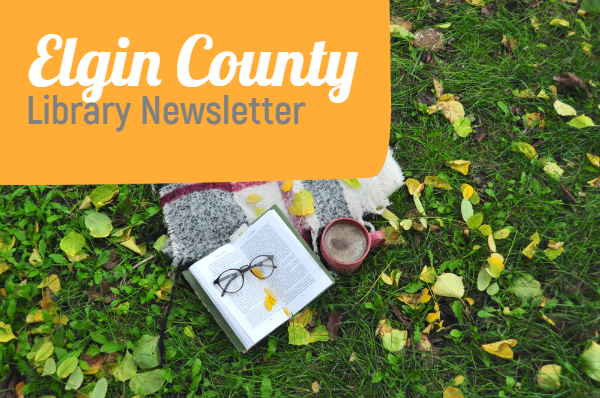 Person reading a book on the beach, teal rectangle with words Elgin County Library Newsletter as heading