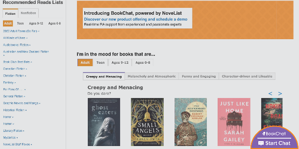 NoveList Plus Homepage Screenshot of BookChat Button