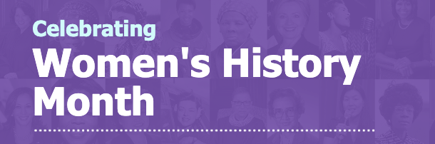 Purple E-Blast Banner for Women's History Month with White Dotted Line