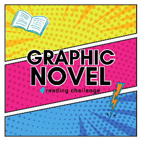 Graphic Novel reading challenge on a yellow, pink, and blue background made to look like panels in a comic book