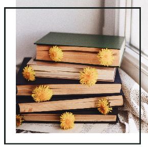 Stack of Books with Yellow Flowers -and- Backgrounds - Square Outline with Right and Bottom Border - White Black