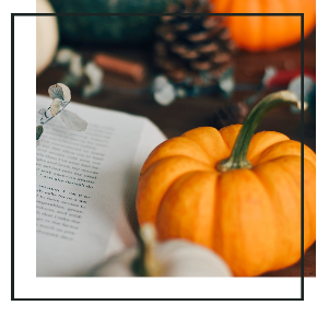 Open book with fall pumpkins and pinecones