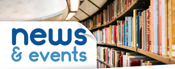 Upstairs Bookshelves in the Library with a image of paper with the words news and events