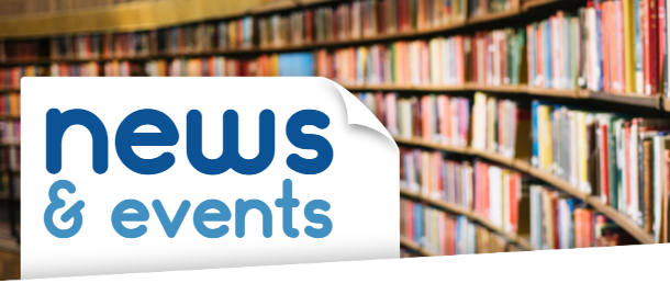 Curving bookshelves in a Library with a image of paper with the words news and events in the left corner