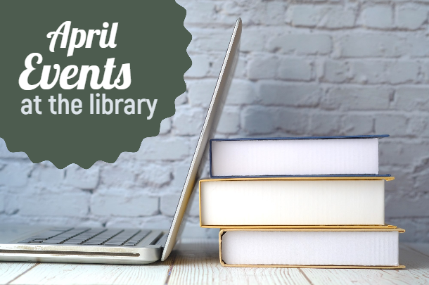Laptop and Stack of Books Against Gray Bricks with Green Shape Containing Events This Week Text