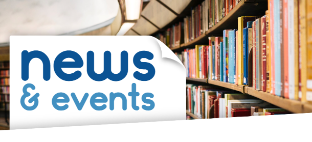 Upstairs Bookshelves in the Library with a image of paper with the words news and events