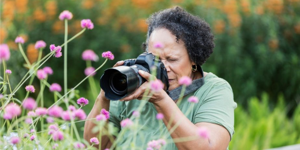 Woman in a meadow taking a photo of wild flowers. 