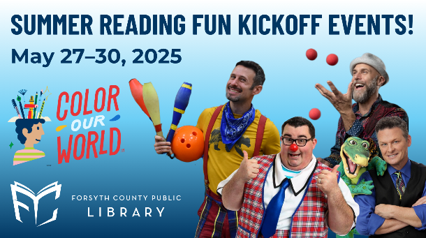 A collage of FCPL kickoff performers on a graphic titled Summer Reading Fun Kickoff Events.