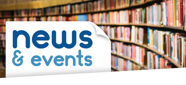 Curving bookshelves in a Library with a image of paper with the words news and events in the left corner