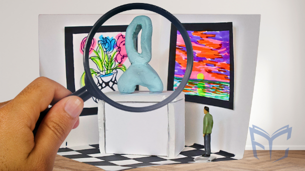 Tiny sculpture exhibited in a tiny museum. A hand holding a magnifying glass is there for scale. Image credits: latino-life via Canva.com and JNPK_STUDIO via Canva.com