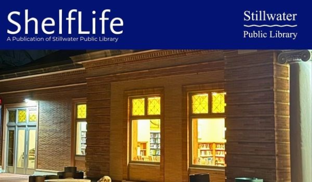 Library's windows at night lit up and looking into the stacks of books