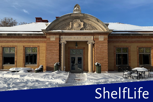 Library from terrace side with snow on roof and ground