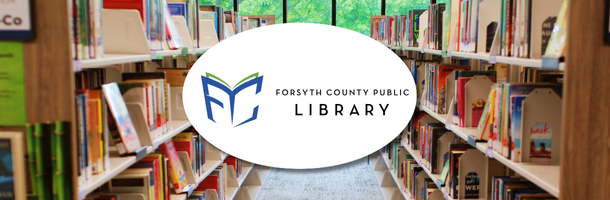 A photo of bookshelves at Forsyth County Public Library's Denmark Library location with an overlay of the FCPL logo on top of a white oval. 