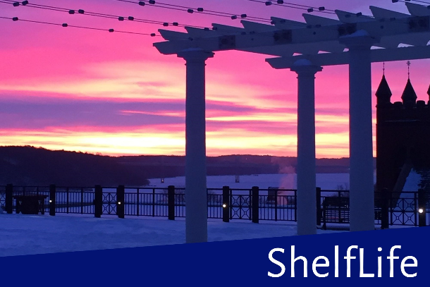 Library's terrace at winter sunrise with pink and purple sky