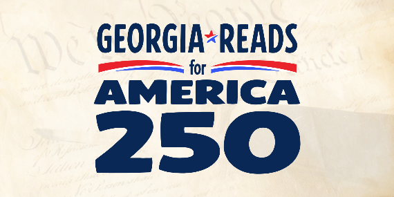 Georgia Reads for America 250 logo features patriotic colors. Background features a semi-transparent 