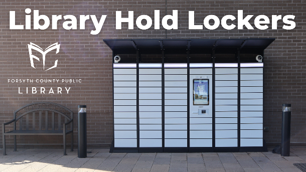 Library hold lockers at Post Road Library featuring overlay of white vertical FCPL logo. 