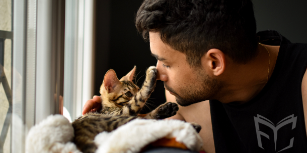 A tabby kitten touching a man's nose with his paw. 