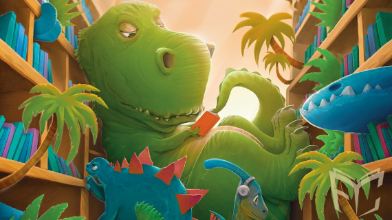 Cartoon of multiple dinosaurs sitting in between library shelves while reading. 