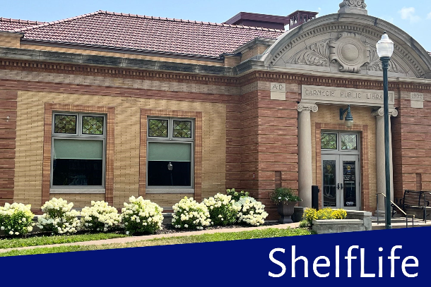 Library's historic 4th St entrance to Carnegie building with hydrangeas blooming in front
