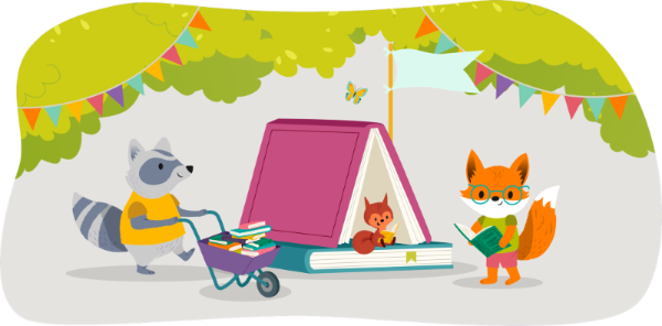 An illustration of three animals below a leafy tree top canopy. A racoon pushes a wheelbarrow filled with books, a fox wearing glasses stands reading an open book and a squirrel sits reading in a tent made of oversized books.