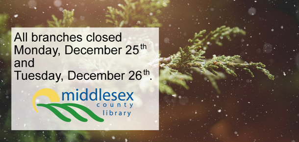 A photo of a cedar branch in the snow. Text over the image reads "All branches closed Monday, December 25th and Tuesday, December 26th.