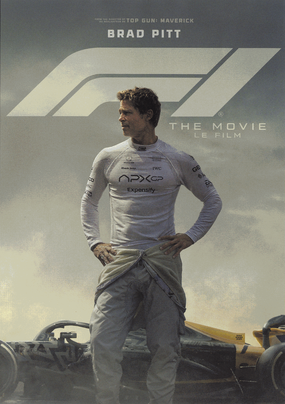 Brad Pitt in front of a racecar, wearing a racing uniform