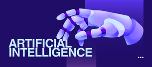 Dark purple background with a robot hand hovering above the words Artificial Intelligence