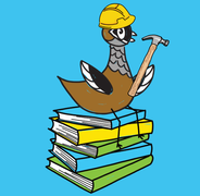 Cartoon quail wearing a construction hard hat sitting on stack of books