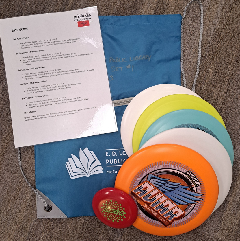 Disc golf set including a teal string backpack, laminated description of discs, and 6 discs.