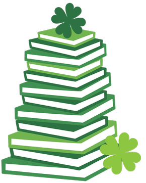 A stack of green books with a shamrock on top and to the side
