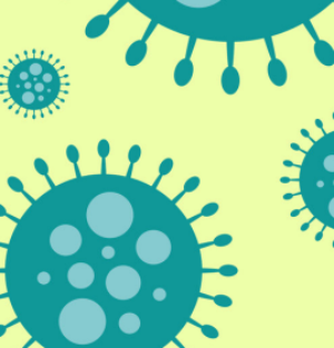 Teal virus shapes against a light green background