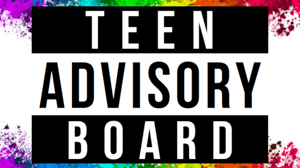 Teen Advisory Board logo, black & white letters on color splashed background