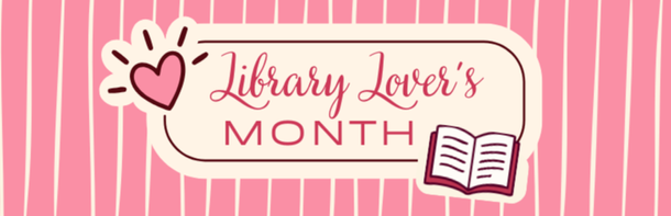 Library Lovers Month with heart and book on a striped background