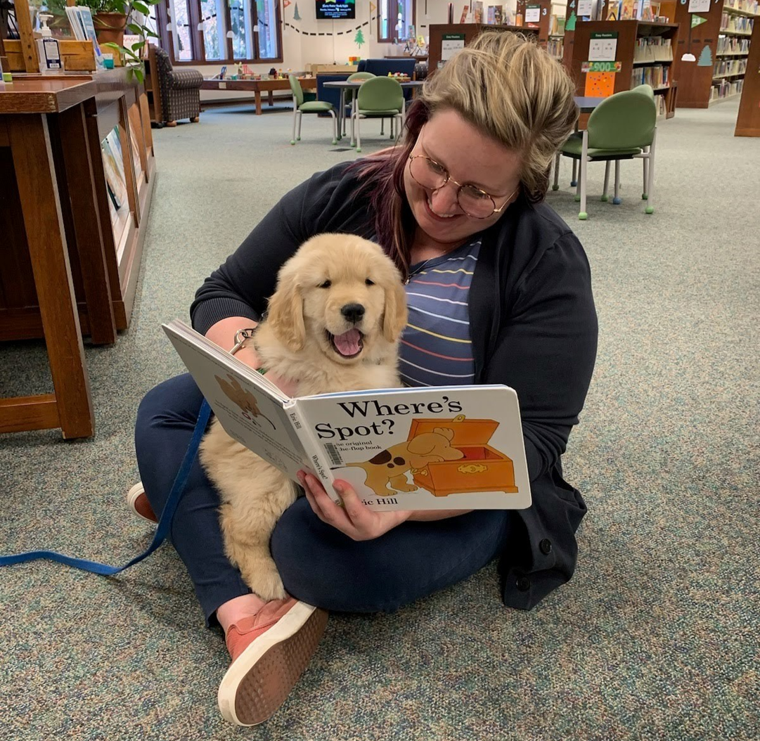 A librarian with blond hair sits on the floor with a yellow, fluffy puppy on their lap. The librarian holds the children's picture book "Where's Spot?"