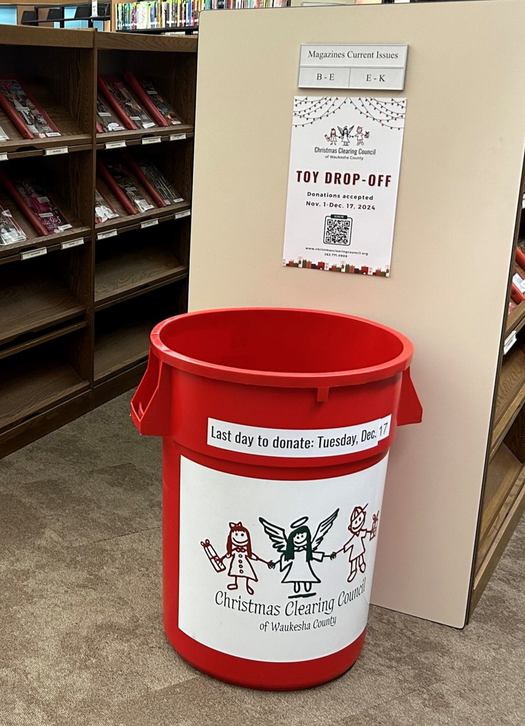 Photo of the Christmas Clearing Council collection bin in Brookfield Public Library.