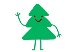 Cartoon pine tree with arms and legs waving.