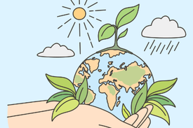 Illustration of hands holding an Earth with plants growing on it.
