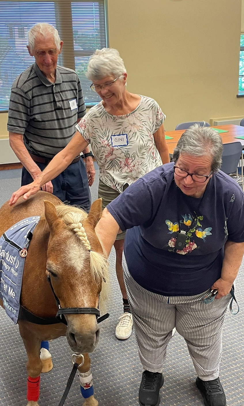 Photo of three people at a memory cafe petting a mini horse.
