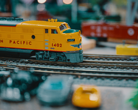 Model train engine on a track.