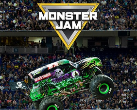 Photo of a Monster Jam truck with the logo above.