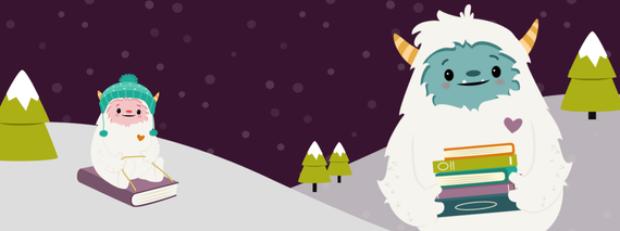 Graphic illustration with a yeti in a winter hat sledding on a book on the left, and a larger yeti on the right holding a stack of 5 books in their arms in a snowy scene.