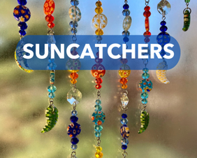 Beaded strings hanging down with 'suncatchers' written over the top.