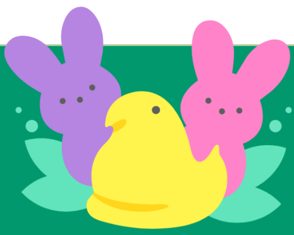 Graphic of cartoon peeps in shape of bunnies and a chick.