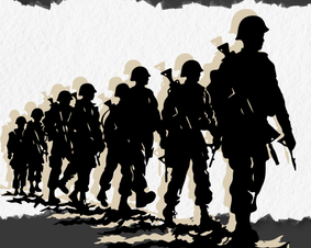 Graphic of a group of soldiers in silhouette marching. Graphic of a group of soldiers in silhouette marching.