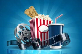Popcorn, soda cup with straw, tickets and a movie reel with film graphic.
