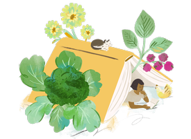Illustration of a person in a tent made of a book, surrounded by large plants
