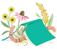 Illustration of worm, book, and flowers