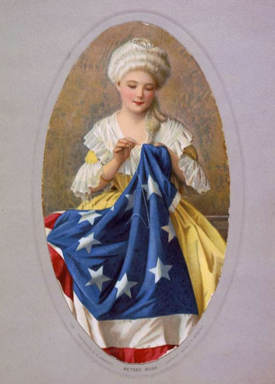 Portrait of Betsy Ross stitching an American flag